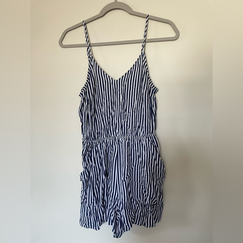 Blue and white vertical striped tank top short legged romper light weight